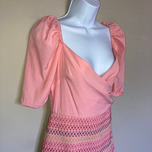 Lovers + Friends Archie Mini Dress Pink Lemonade Smocked Skirt Ruffles Side Zip - Picture 8 of 16